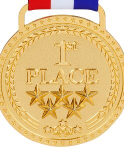 Alternative view of Gold Silver Bronze Medals for 1st 2nd 3rd Place Trophy Awards, Bright or Antique Finish with Attached Red White Blue Satin Ribbon - Sold Separately Bright Gold