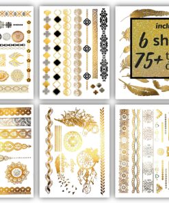 Terra Tattoos Gold Metallic Temporary Tats 75+ Boho Henna Designs Feathers, Tribal, Elephants - Waterproof Nontoxic Long Lasting Perfect for Beach, Festivals, & more! 12 A1MzRDlZv9L