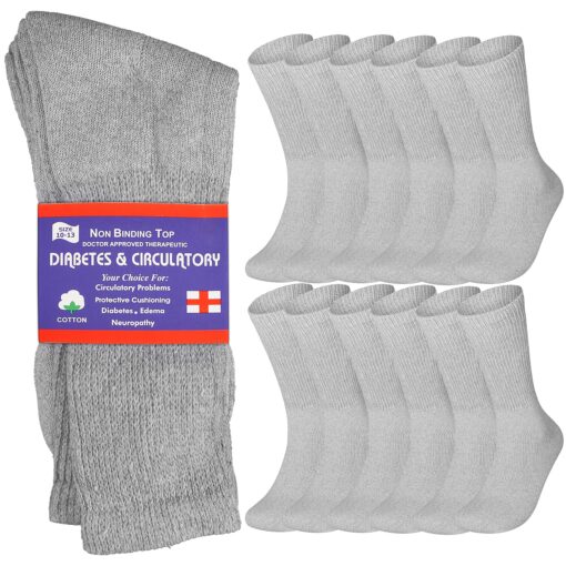 Special Essentials 12 Pairs Cotton Diabetic Crew Socks For Men & Women - Non-Binding Extra Wide Top - Neuropathy Socks Large Grey