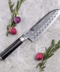 Shun Classic 7” Hollow-Ground Santoku All-Purpose Kitchen Knife; VG-MAX Blade Steel and Ebony PakkaWood Handle; Hollow-Ground Indentations for Reduced Friction and Smoother Cuts; Handcrafted in Japan 12 A1VvqZYXvjL