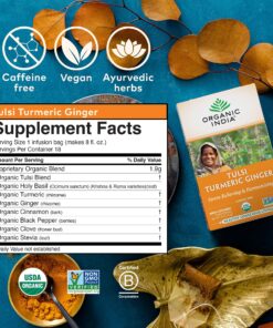 Organic India Tulsi Turmeric Ginger Herbal Tea - Holy Basil, Stress Relieving & Harmonizing, Immune Support, Healthy Inflammatory Response, Aids Digestion, Caffeine-Free - 18 Infusion Bags, 1 Pack 18 Count (Pack of 1) 23 A1YWiDPxML
