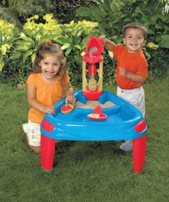 Amazon Basics 6 Piece Kids’ Sensory Sand & Water Wheel Play Table, 2 Floating Sailboats, Bucket, Tower, Easy Snap-Together Assembly, Red/Blue 15 A1mDz322K1L