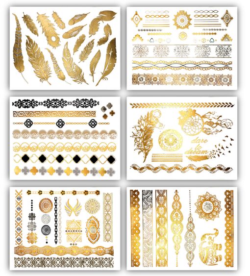 Terra Tattoos Gold Black Metallic Henna Temporary Tattoos Designs Elephants, Flowers, Stars & more! Waterproof Nontoxic Long Lasting Perfect for Beach, Festivals, & Parties (Free Spirit) Free Spirit