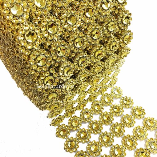 LOLASATURDAYS- Gold Rhinestone Ribbon, 30FT Flower Bling wrap, Diamond wrap mesh, Diamond roll, Diamond mesh Flower - gold