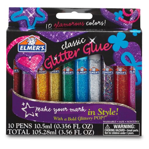 ELMERS E199 Elmer's 3D Washable Glitter Glue Pens, Classic Rainbow, Pack of 10 Pens - Great For Making Slime