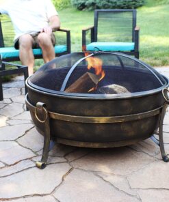 Alternative view of Sunnydaze 34-Inch Cauldron Style Outdoor Fire Pit Bowl with Spark Screen, Log Poker, and Wood Grate - Dark Bronze Finish 34 in