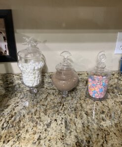 MyGift Clear Glass Apothecary Jars with Lid, Decorative Seashell Design Bathroom Canister, Footed Candy Buffet Containers, Set of 3 34 B15zmlwHFyS