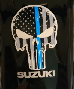 Punisher Skull 5.5 x 4 Inch Tattered Subdued US Flag Reflective Decal with Thin Blue Line Car Sticker, Helmet & Truck Accessories for Men. Support The Police with American Flag USA Bumper Sticker. 15 B16JWZLZPS