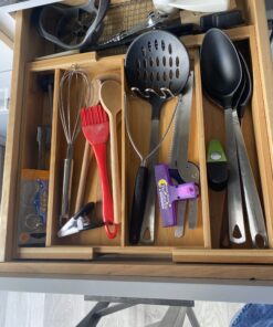 BAMBUROBA Drawer Dividers Silverware Tray Expandable Utensil Cutlery Tray Bamboo Wooden Adjustable 4 Compartments Flatware Organizer Kitchen Storage Holder for Knives Forks Spoons Brown 33 B1Ed7b667kS