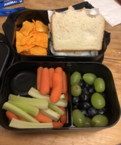 GRUB2GO Premium Bento Lunch Box (Large 68 Oz Capacity) | 2023 Exclusive, 70% Bigger | Includes Bamboo Chopping Board Lid, Carry Bag, 2 Dividers, Utensils, Sauce Container Premium 2021 Model: Executive Black (68 OZ) 48 B1XRVwlxu2S