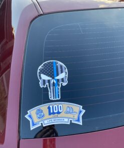 Punisher Skull 5.5 x 4 Inch Tattered Subdued US Flag Reflective Decal with Thin Blue Line Car Sticker, Helmet & Truck Accessories for Men. Support The Police with American Flag USA Bumper Sticker. 22 B1beyybu9ES