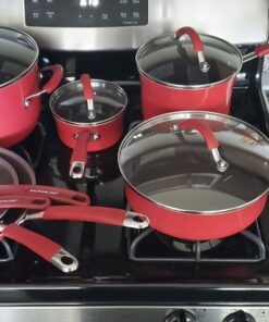 Rachael Ray Cucina Nonstick Cookware Pots and Pans Set, 12 Piece, Cranberry Red Cookware Set 52 B1cAt rYHOS