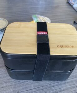 GRUB2GO Premium Bento Lunch Box (Large 68 Oz Capacity) | 2023 Exclusive, 70% Bigger | Includes Bamboo Chopping Board Lid, Carry Bag, 2 Dividers, Utensils, Sauce Container Premium 2021 Model: Executive Black (68 OZ) 51 B1m3eo9uYS