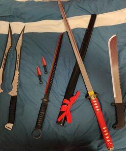 Wartech K1020-65-RD 440 Stainless Steel Full Tang Blade Ninja Hunting Machete Sword with Throwing Knives (2 Piece), 27", Red 11 B1pJcH8OABS