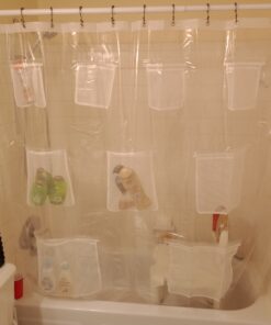 Zenna Home Waterproof PEVA Shower Curtain or Shower Liner with 9 Mesh Storage Pockets, 70" x 72", Bathroom Organizer, Clear Clear Liner 28 B1rA8ACRwnS