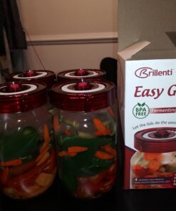 Fermenting Lids for wide mouth mason jars. 4 waterless airlock fermentation lids kit. Easy Grip fermenter lid with Oxygen Pump automatically Vents air. Tracks ferment date. (4 Lids + Pump) 47 B1wP8Y5jB0S