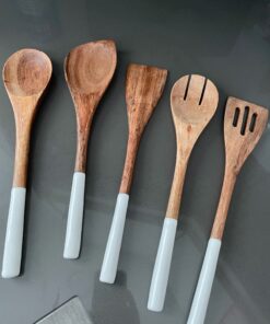 Folkulture Wooden Spoons for Cooking Set for Kitchen, Non Stick Cookware Tools or Utensils Includes Wooden Spoon, Spatula, Fork, Slotted Turner, Corner Spoon, Set of 5, 12 Inch, Acacia Wood (White) White 34 B1xO6V H8hS