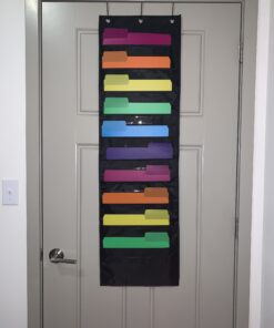 Black Pocket Chart for Classroom - 10 Pocket Storage Rainbow Pocket Charts , 3 Over Door Hangers Included, Hanging Wall File Organizer for File Folders, School Mailbox, Home/Office Papers Black - (10 Name Tag Pockets) 22 B1xWMJwn4NS