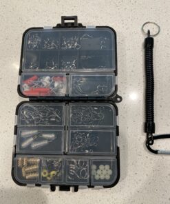 SUPERTHEO Fishing Accessories Kit with Hooks Bass Casting Sinkers Fishing Swivels Snaps Sinker Slides Fishing Line Beads Fishing Set with Tackle Box Lanyard 140pcs Swivels 21 C1 FBESK9AS