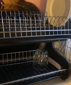 Home Basics Plastic 2-Tier Dish Drainer Rack, Air Drying and Organizing Dishes, Side Mounted Cutlery Holder, Black 19 C14DbkMVKdS