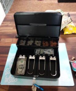 Jssmst Large Locking Cash Box with Money Tray, Lock Box with Security Cable Metal Money Box with Key Lock, Black, CB02304XL Black Key Lock 37 C1ATAQmlbnS