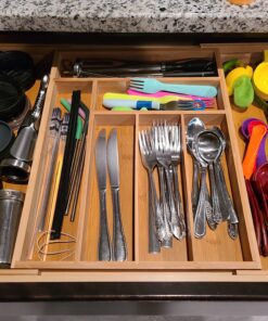 Expandable Bamboo Silverware Organizer - Kitchen Drawer Organizer, Utensil Holder - Drawer Organization and Storage in Kitchen, Bathroom or Bedroom, 17” Long, Adjustable from 13” - 22.2” Wide, 2” Deep 42 C1ReSWUmuqS