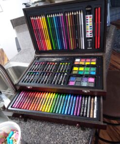 Art 101 Doodle and Color 142 Pc Art Set in a Wood Carrying Case, Includes 24 Premium Colored Pencils, A variety of coloring and painting mediums: crayons, oil pastels, watercolors; Portable Art Studio Multicolor 37 C1cEPFuqIFS