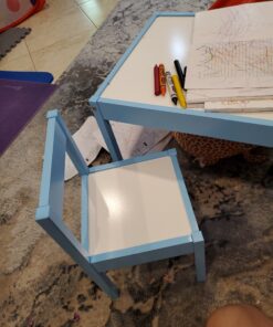 Amazon Basics 3-Piece Wood Kids Table and Chairs Set with Dry Erasable Table Top, Sky Blue, 64 x 49 x 45 cm 37 C1p3KcZaR9S