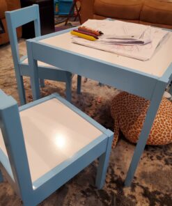 Amazon Basics 3-Piece Wood Kids Table and Chairs Set with Dry Erasable Table Top, Sky Blue, 64 x 49 x 45 cm 39 C1xyQkwCLiS