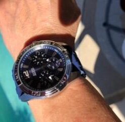 GUESS Stainless Steel Stain Resistant Silicone Watch with Day, Date + 24 Hour Military/Int'l Time Blue/Blue/Silver Tone 46 31jbqf0SI L