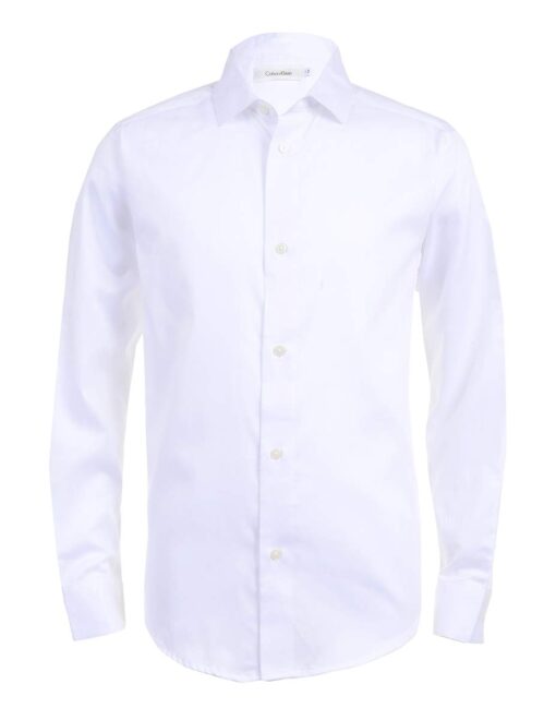 Calvin Klein Boys' Long Sleeve Sateen Dress Shirt, Style with Buttoned Cuffs & Shirttail Hem 14 White