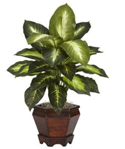 Alternative view of Nearly Natural 6712-GD-S2 Dieffenbachia with Wood Vase Decorative Silk Plant, Golden, Set of 2