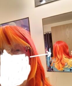 MQ Women Orange Yellow Wigs, Long Curly Wavy Wig for Girls 29.5 Inch Colorful Wigs Cosplay Costume Party Fluffy Wig Synthetic Charming Heat Friendly Ombre Wigs (Yellow to Orange to Red) 43 41DurEMlviL