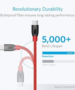 Alternative view of Anker USB C Cable, PowerLine+ USB-C to USB 3.0 cable (3ft/0.9m), High Durability Type C Braided Charging Cable Compatible with Samsung Galaxy S10, S9, Huawei P10, P9, Sony XZ, HTC 10 and More (Red) 3ft Red