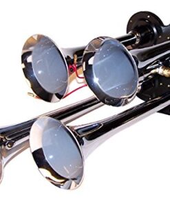 MPC 4 Trumpet Train Air Horn Kit - Fits Almost Any Vehicle: Truck, Car, Jeep, SUV. Includes Four Chrome Trumpets with All-In-One Air System: 110 PSI, 12-Volt Air Compressor, Tank, & More. Complete Kit 20 41aybb6lOLL 1