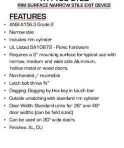 Global Door Controls TH1100-STED36-DU 36 in. Duronotic Narrow Stile Rim Type Exit Device 3 41cj8aNfGgL