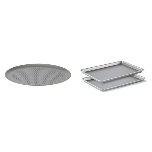 Calphalon Pizza Pan with Holes, 16-Inch Nonstick Round Pizza Crisper, Dishwasher Safe, Silver & Baking Sheets, Nonstick Baking Pans Set for Cookies and Cakes, 12 x 17 in, Set of 2, Silver Pizza Pan + Baking Pans Set