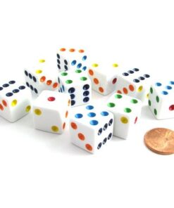 Alternative view of Koplow Games Set of 10 Six Sided D6 16mm Standard Dice White with Multi-Color Pips