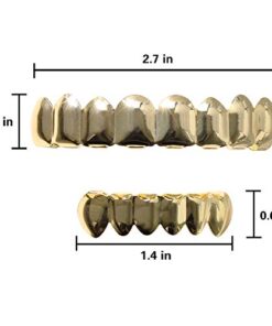 24K Plated Gold Grillz 8 Teeth Mouth Top & Bottom Set Hip Hop Bling Grills for Men + Microfiber Cloth T8 & B6 10 41tVFscKfIL