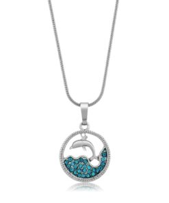 Gem Stone King Stunning Dolphin and Sea in a Circle with Blue Crystals Pendant 16 Inch Chain 8 51 eFTrGOsL