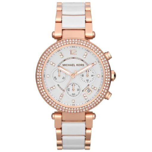 Michael Kors Parker Women's Watch, Stainless Steel and Pavé Crystal Watch for Women with Steel, Leather, or Silicone Band Rose Gold/White