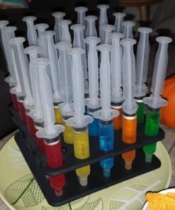 EZ-Inject 25 Pack (1oz) Jello Shot Syringes Combo with Tray/Racking Stand - 100% Safe & Reusable Plastic Syringes for Jello Shots - Small Syringe Shots Holiday and Halloween Party Supplies for Adults 32 511nWNmhI L