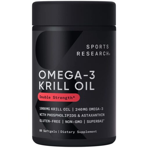 Sports Research Antarctic Krill Oil Omega 3 Softgels 1000mg (Double Strength) with Phospholipids, Choline & Astaxanthin - Sustainably Sourced, Non-GMO Verified & Gluten Free - 60 Capsules 60 Count (Pack of 1)