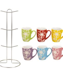 Home Basics 6 Piece Daisy Floral Ceramic 11 Ounce Mug Set For Coffee, Tea, Hot Chocolate etc. with Display Stand Multi color 11 512LdvJtf2L