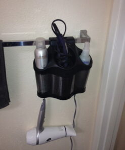 Polder Style Station, Organization for Styling Tools: Hair Dryers,Curling Irons, Straighteners, Brushes, Hang Over Towel Rack, Store Undersink or in Drawer, Black and Silver 38 514TSVEJB1L