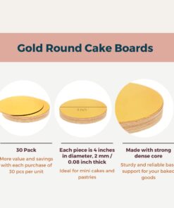 Rendibly 30 Pack Cake Boards 4 Inch Round Gold, Grease Proof Laminated Compressed Cardboard Circle Base for Mini Cakes, Pastries, Cake Decorating, Transport and Display 12 514kal8OtKL