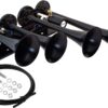 Vixen Horns Train Horn for Truck/Car. 4 Air Horn Black Trumpets. Super Loud dB. Fits 12v Vehicles like Semi/Pickup/Jeep/RV/SUV VXH4124B Quad Trumpet In-Line Black 45 515sToPPF4L