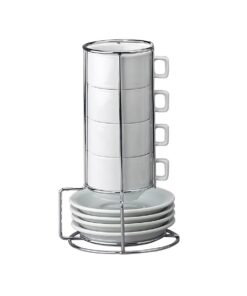 HIC Kitchen 9-Piece Stackable Espresso Coffee Set, Fine White Porcelain, 4 (4-Ounce) Cups with Matching Saucers and Metal Stand, Gift Boxed 19 516N81RWkGL