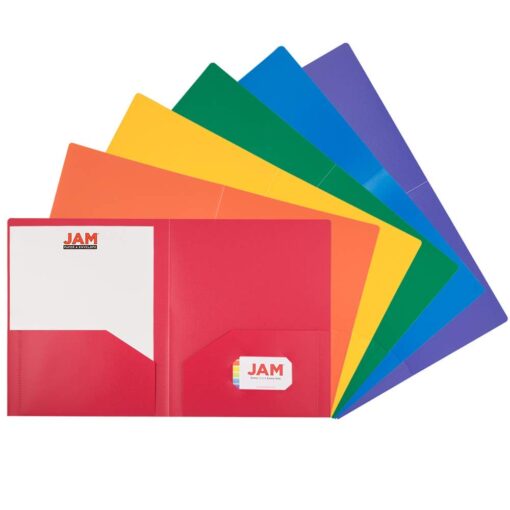 JAM PAPER Heavy Duty Plastic 2 Pocket Extra Tough School Folders - Assorted Primary Colors - 6/Pack