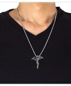 Xusamss Punk Titanium Steel Dragon Sword Wing Pendant Necklaces White 15 519KirENxwL